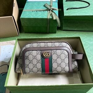 Gucci Beige GG Canvas Pouch with Signature Stripe